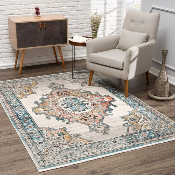 LaDole Rugs Traditional Persian Bordered Ikat Turquoise Ivory Orange Area Rug 5'2"x7'6"