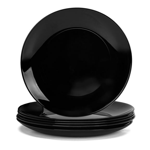 LaGlint 10.5 inch Dinner Plate Set of 6, Lightweight Round Opal Glass Black Dinnerware Plates, Dishwasher and Microwave Safe