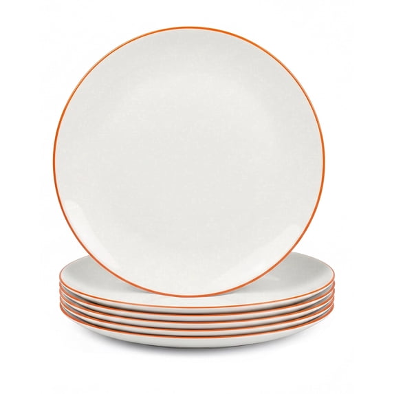 LaGlint 10.5 inch Dinner Plate Set of 6, Lightweight Round Opal Glass Dinnerware Plates, Dishwasher and Microwave Safe, Hand Painted Orange Rim