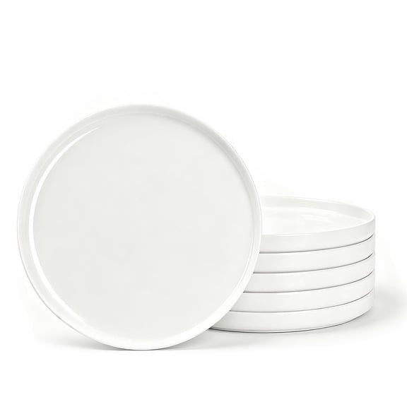 LaGlint 8 inch Salad Plate Set of 6, Vertical Rim, Lightweight White Opal Glass, Dishwasher and Microwave Safe