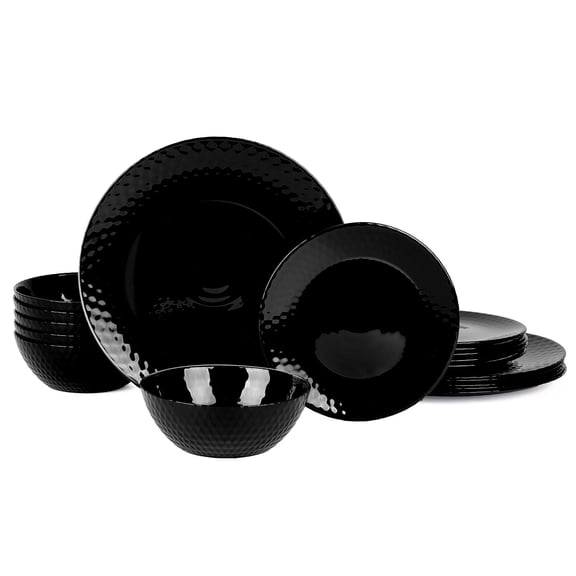 LaGlint Dinnerware Set, Geometric Faceted, Lightweight & Durable Black Opal Glass, 18-Piece Set for 6