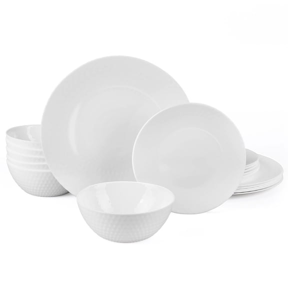 LaGlint Dinnerware Sets for 6, Light & Durable 18 Pieces Opal Glass Plates and Bowls Set, Dishwasher and Microwave Safe Dish Dinning Ware, Thin but Strong Geometric Faceted White