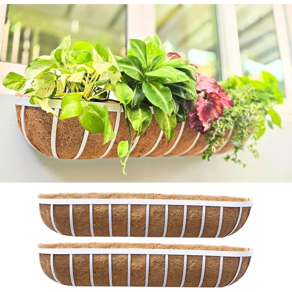 LaLaGreen Outdoor Planter Boxes (36 Inch, 2 Pack) White Metal Deck Railings Flower Box with Coco Liner, Rectangular Wall Planters for Window Plants Horse Troughs Fence Balcony Modern Herb Patio Porch
