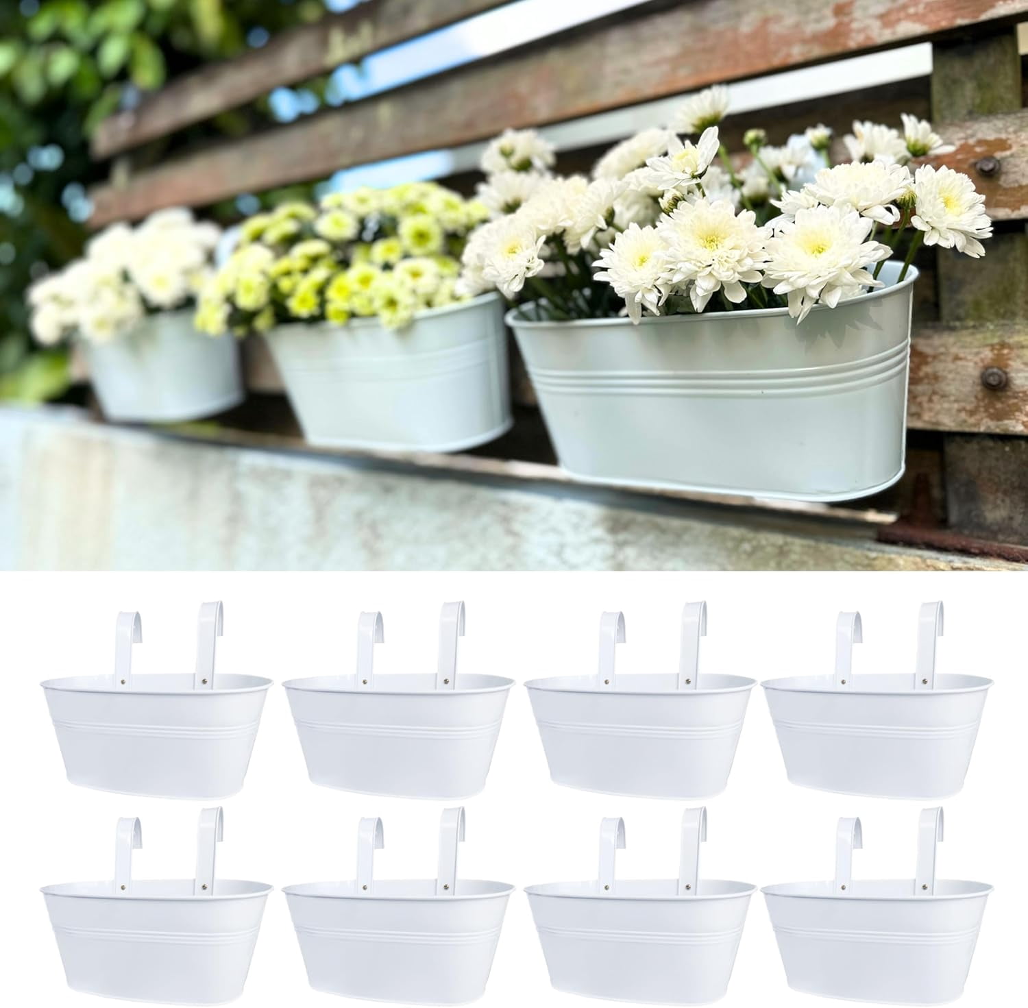 LaLaGreen Rail Planter Outdoor Plants (11.8 Inch, 8 Pack) White Metal Iron Hanging Flower Pots Deck Railings Fence Buckets Modern Countryside Boho Style Wall Mount Window Box Holder Hooks Porch Decor