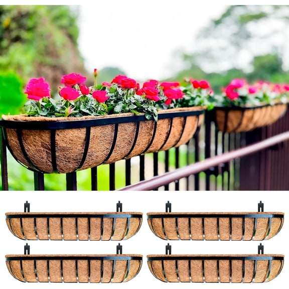 LaLaGreen Railing Planters Box (36", 4 Pack) Black Metal Rectangular Window Flower Box with Coco Liner, Extra Large Wall Hanging Planter for Outdoor Plants Deck Rail Fence Bracket Balcony Porch Decor