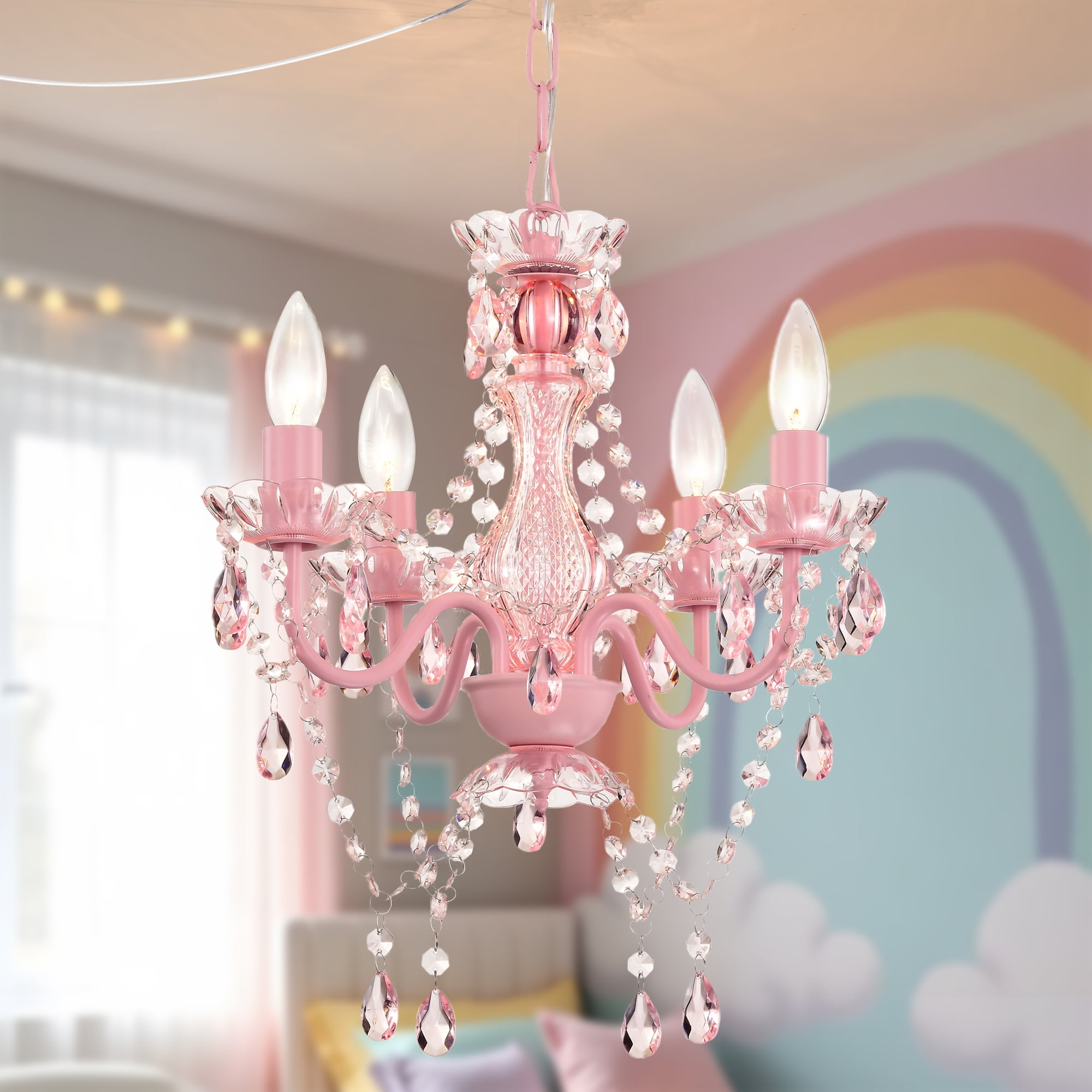 LALULA Modern Pink Finish Plug-In Crystal Chandelier 5-Light Acrylic Hanging Light Fixture with Cord for Bedroom Dining Room