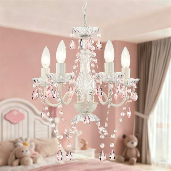 LaLuLa Small Crystal Chandelier 4-Light Pink And White Ceiling Lights for Grils Room Bedroom