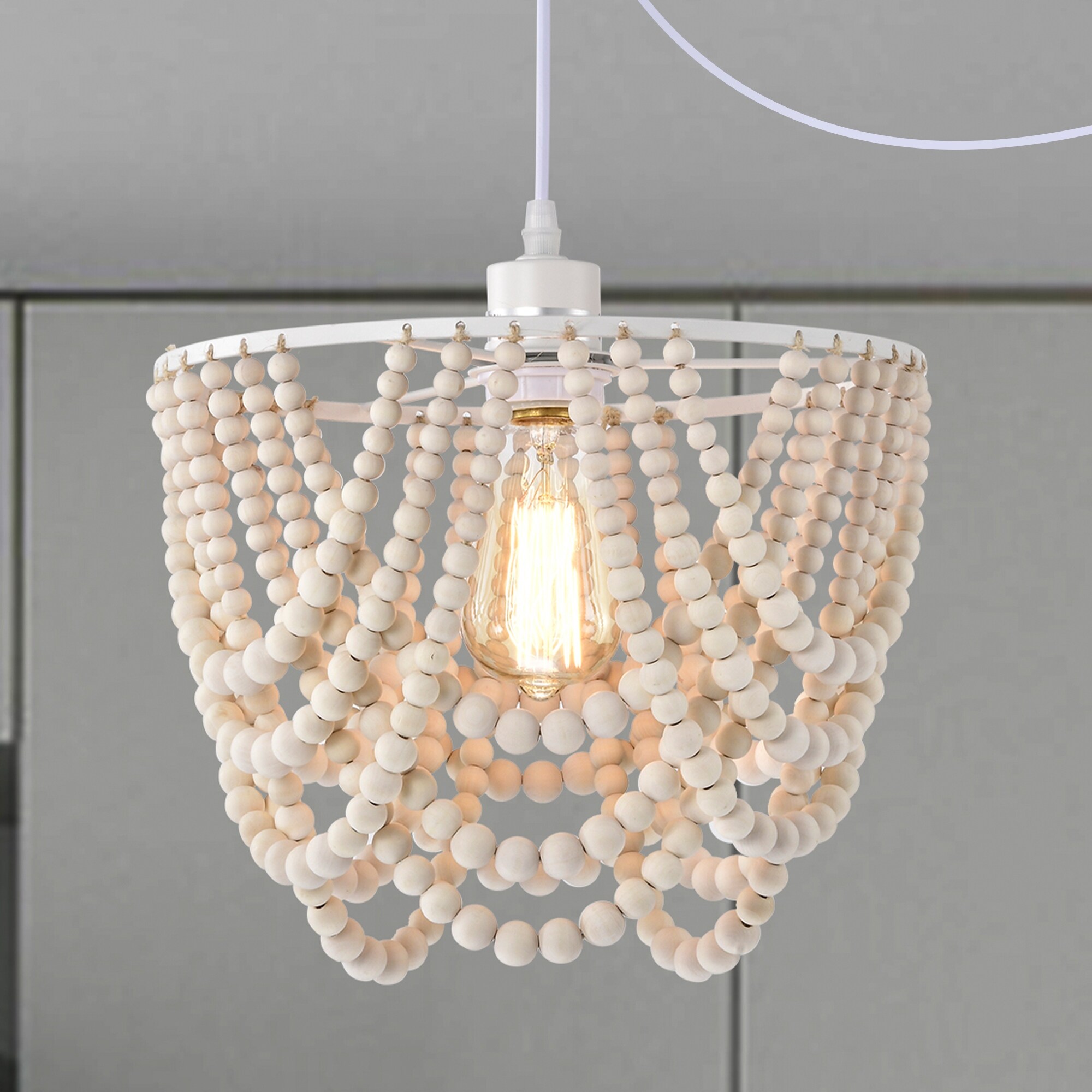 LaLuLa Whitewash Wood Beaded Chandelier with Plugin Cord Boho Pendant