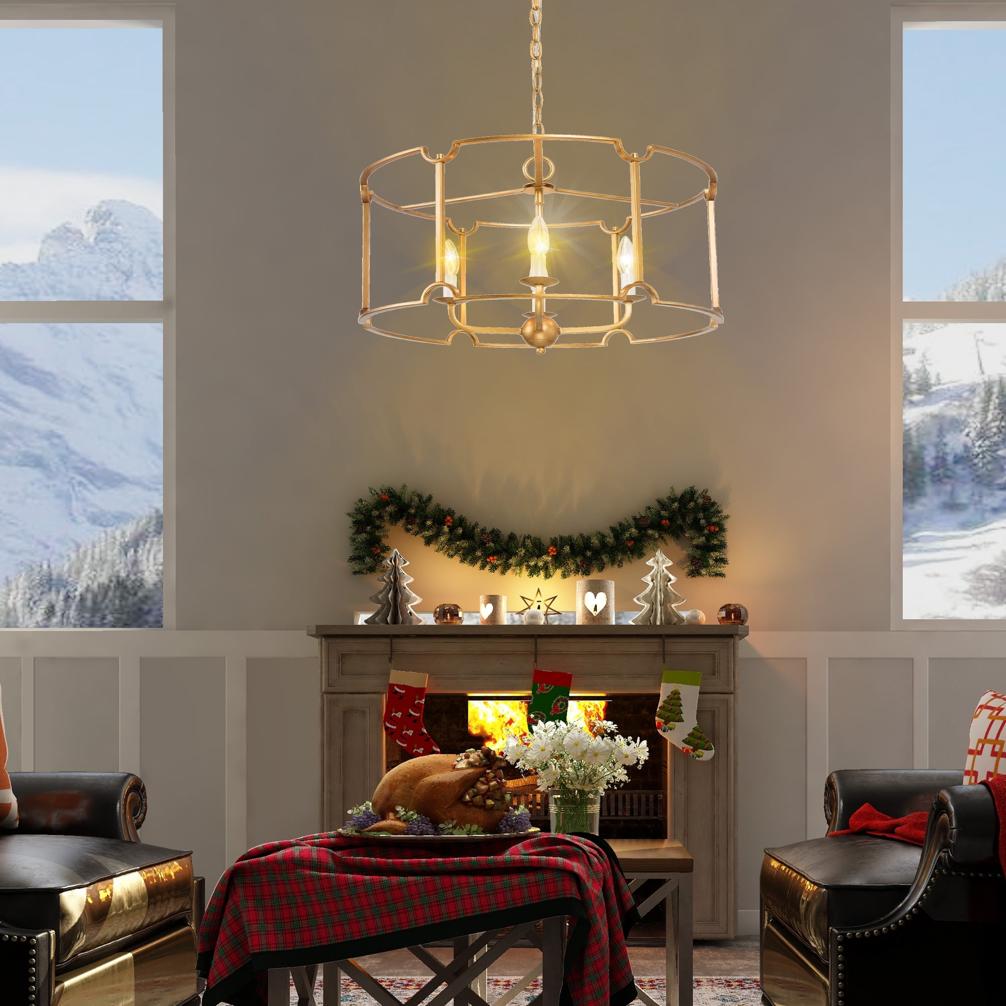 Luxurious Brass Drum Chandelier with Candle-Style Bulbs