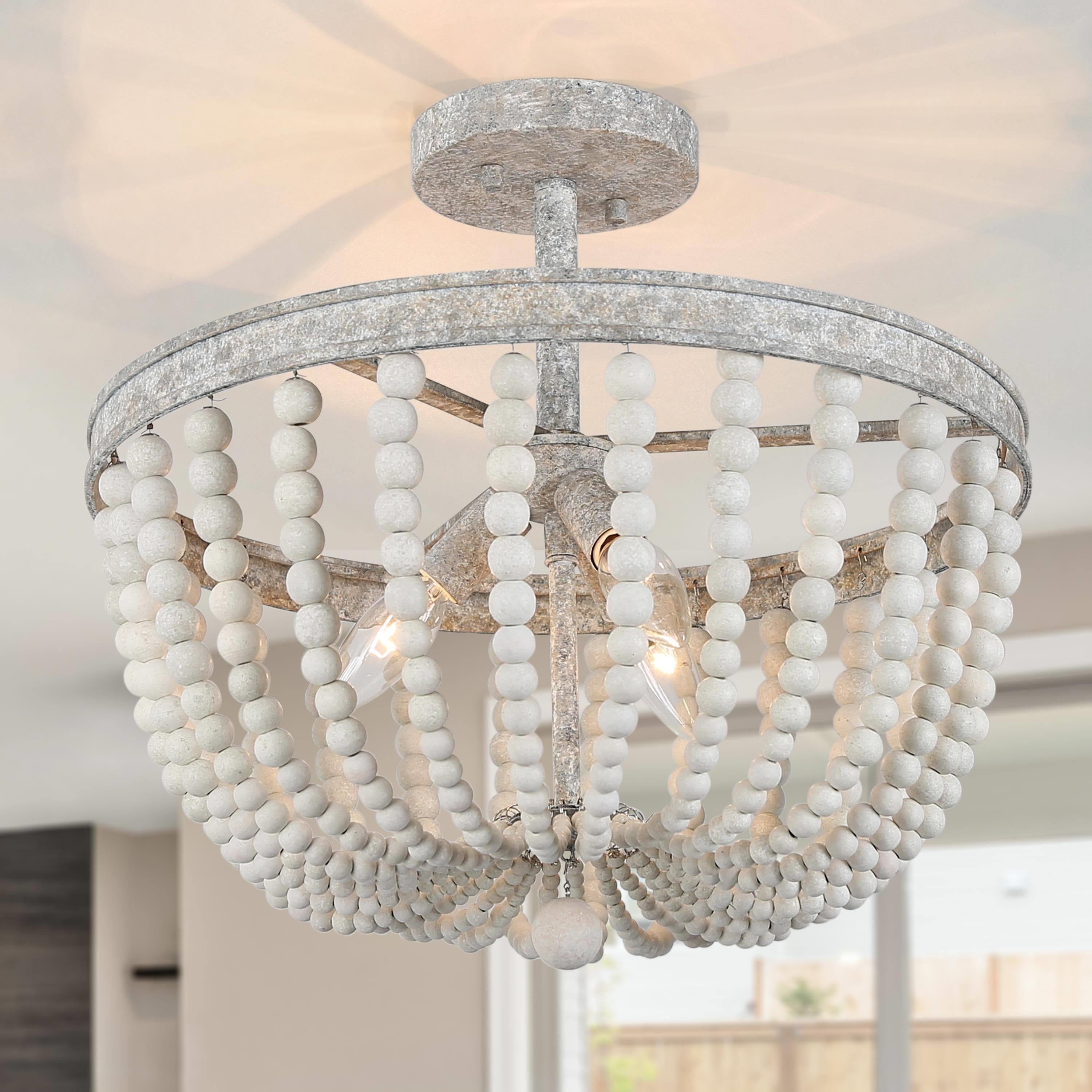 Distressed White Wood Beaded Farmhouse Semi Flush Mount Ceiling Light