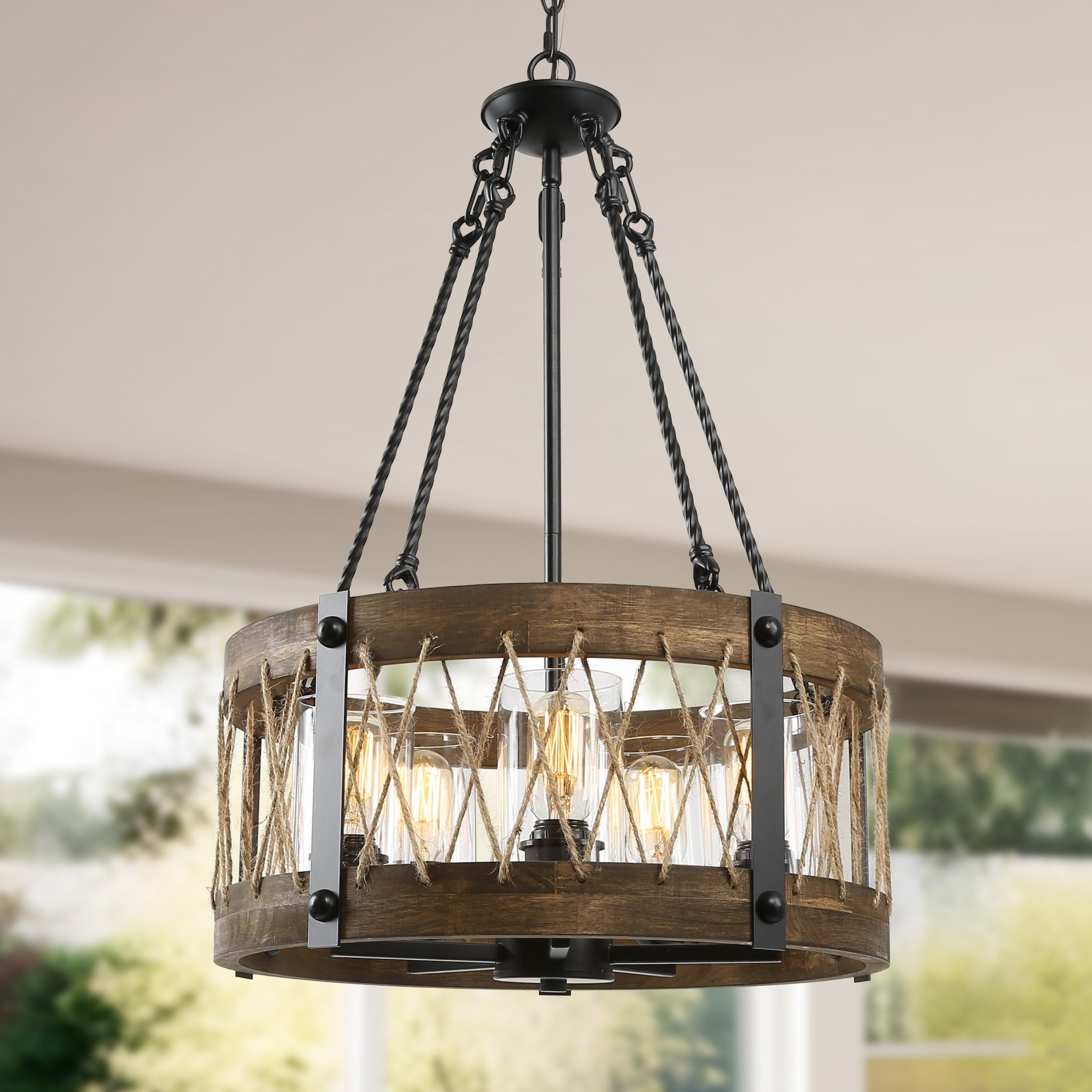 Rustic Brown Wood and Iron Drum Chandelier with Hemp Rope
