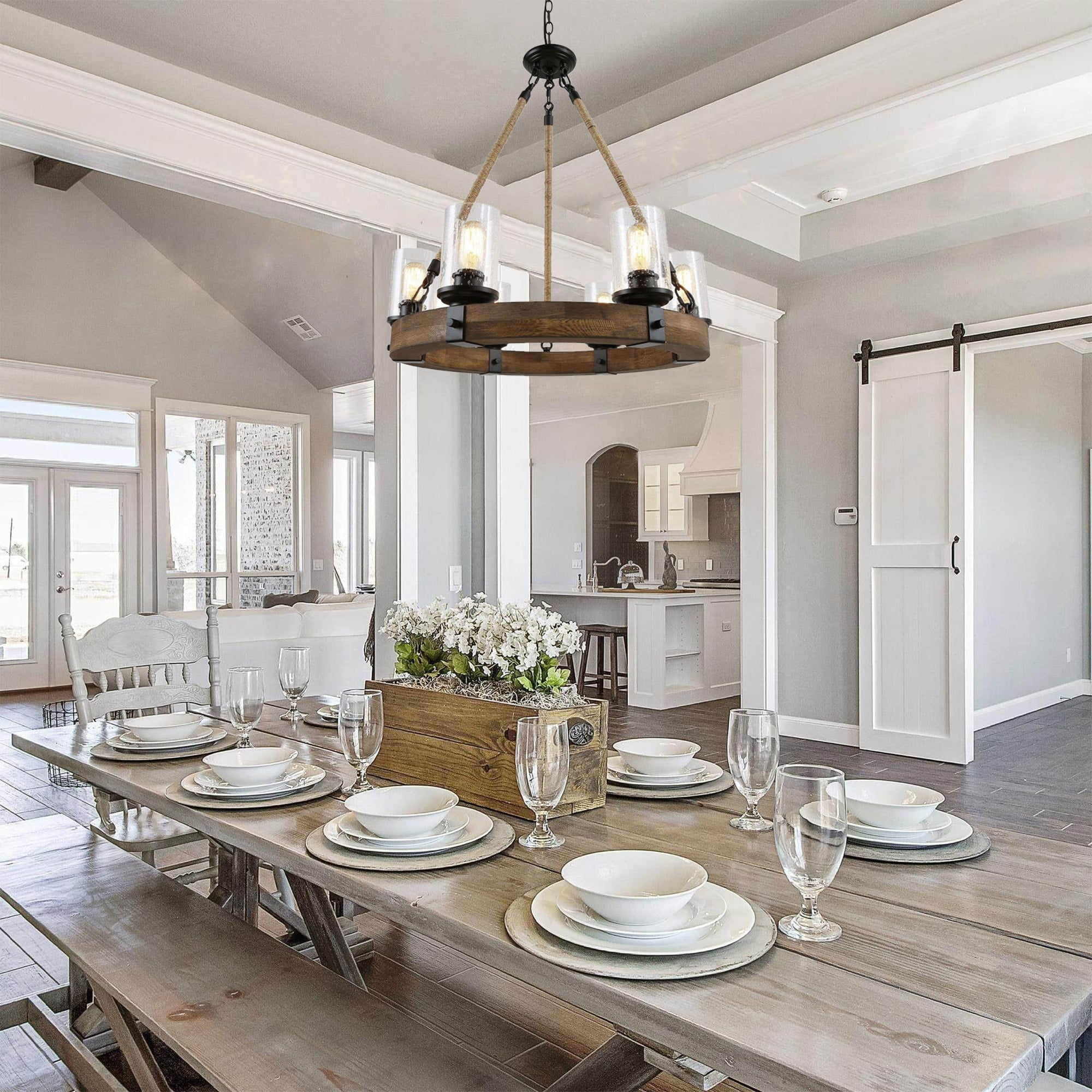 LALUZ Farmhouse Chandelier, 6 Light Rustic Dining Room Chandelie 並行輸入品 LALUZ Black Chandelier, 6-Light Farmhouse Chandelier for Dining