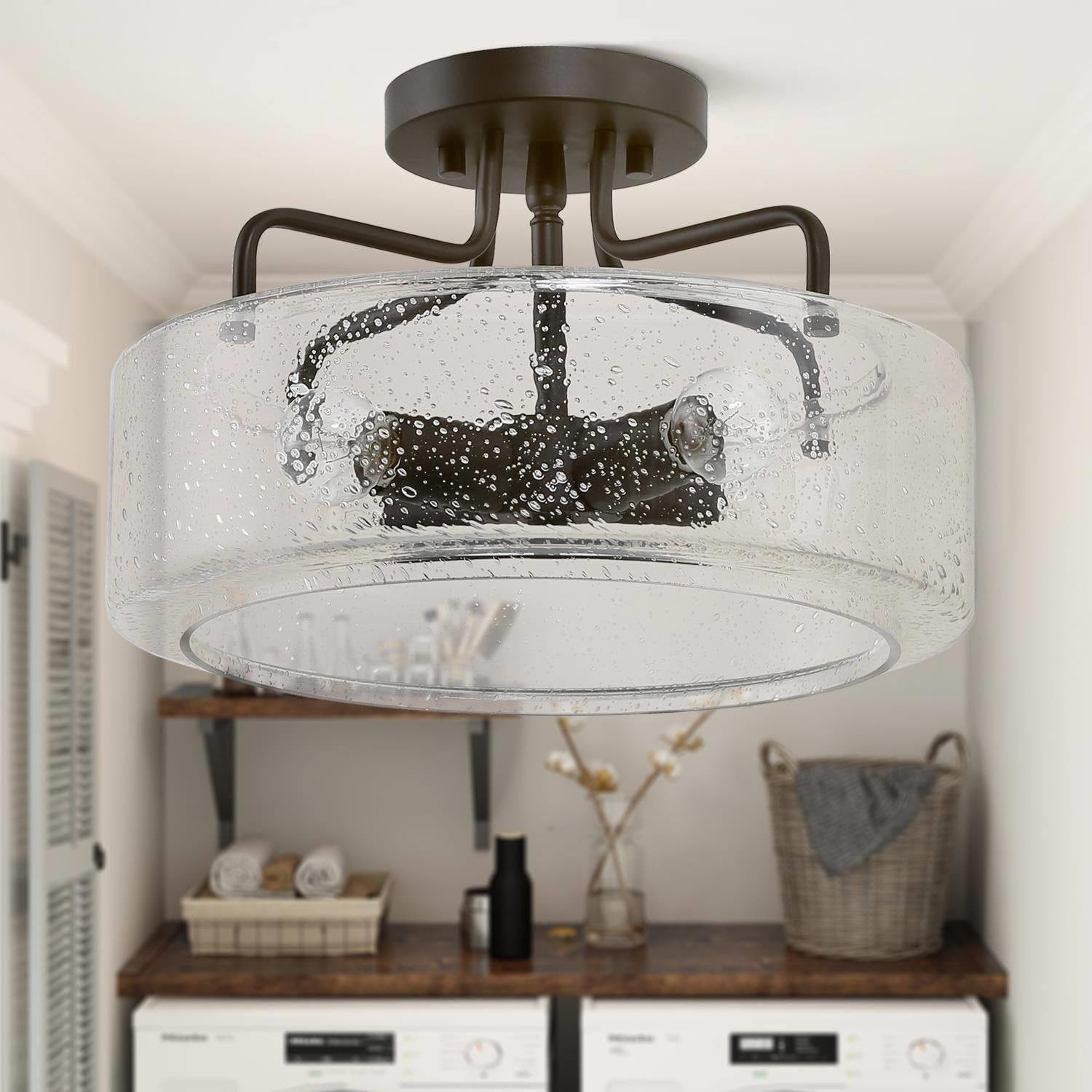 Black and Glass Drum LED Farmhouse Ceiling Light