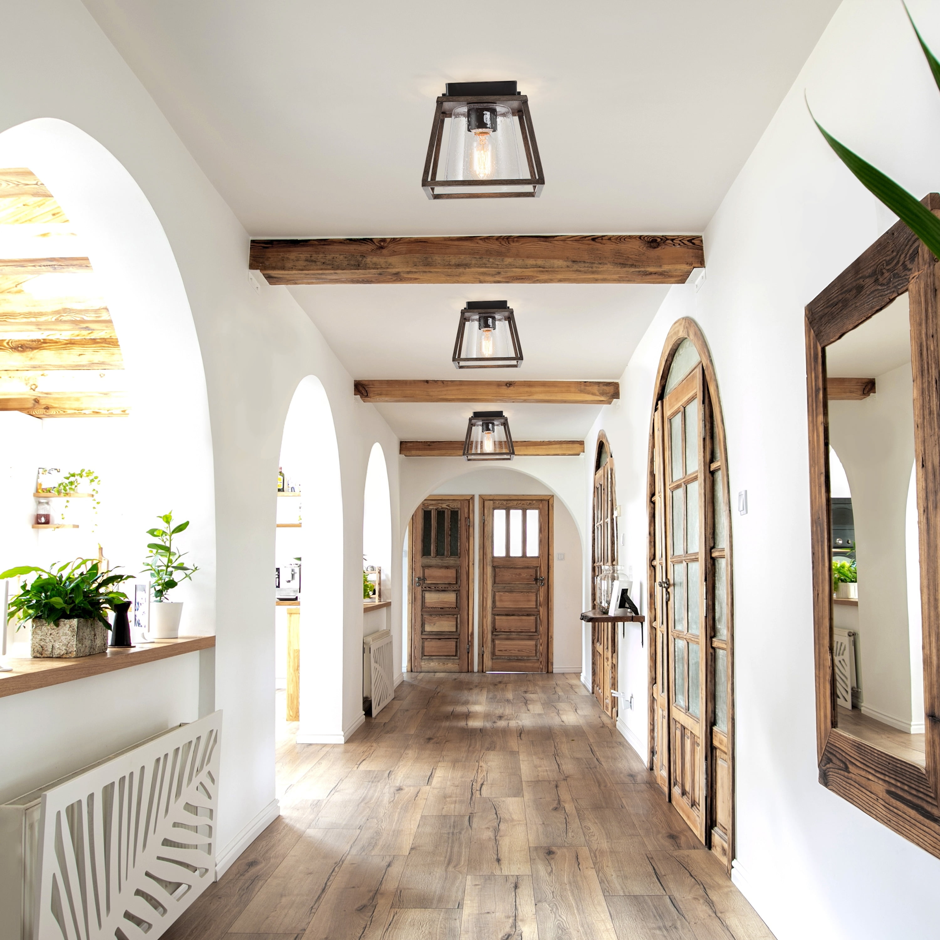 Brown Glass and Metal Farmhouse LED Flush Mount Light