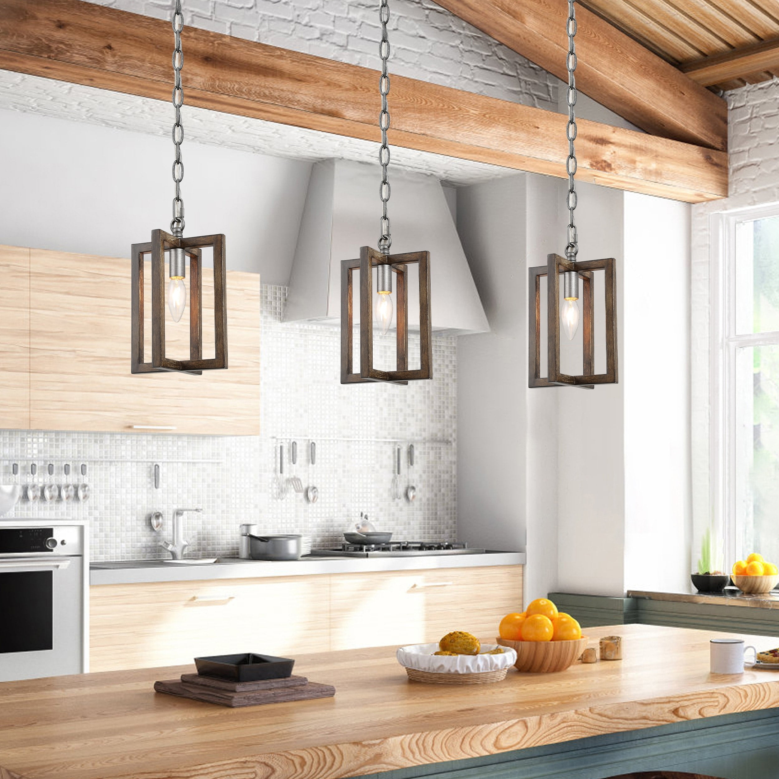 LaLuz Farmhouse 1-Light Wood Grain Pendant Light for Kitchen