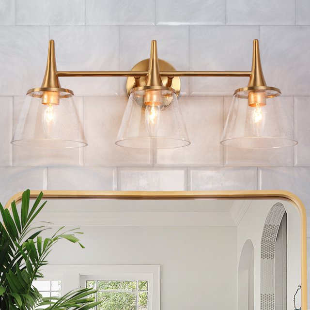 LaLuz Mola Modern Gold 3Light Bathroom Vanity Lights Glass Wall