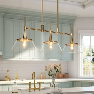 LaLuz Mola Modern Gold 3-Light Linear Chandelier Glass Island Lights for Dining Room Gold
