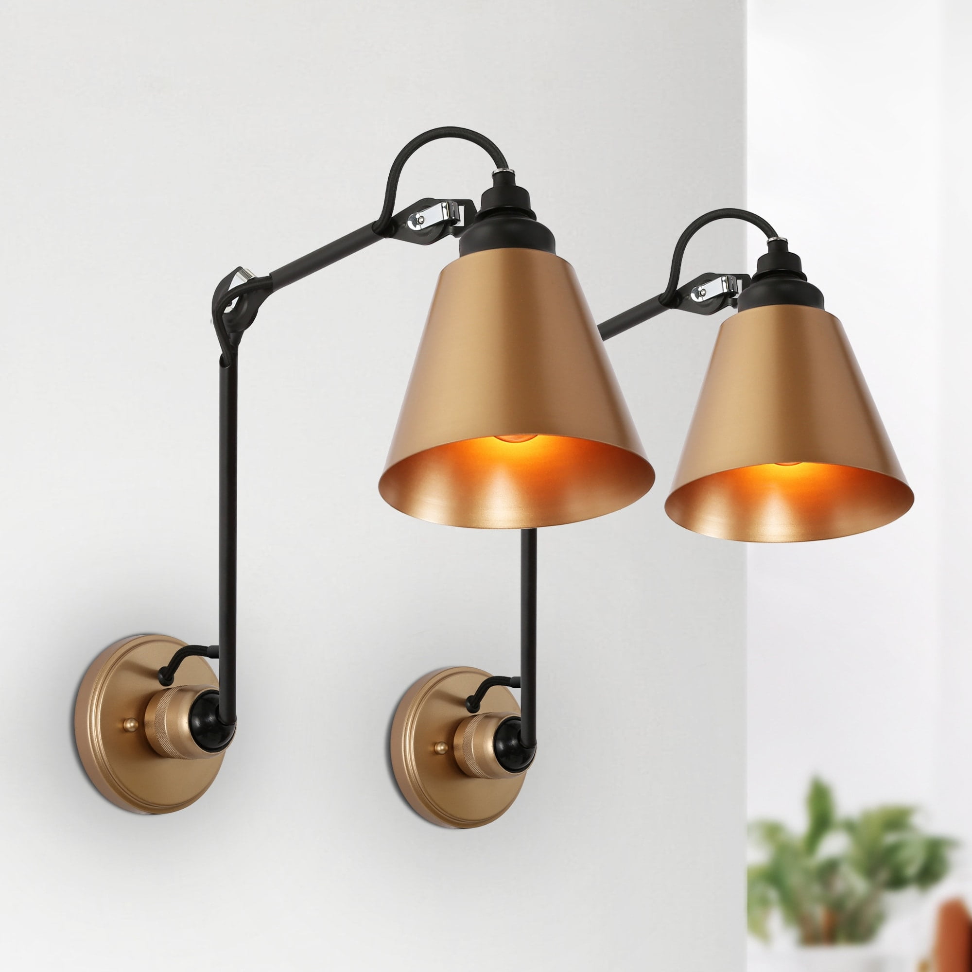 LaLuz Set of 2 Modern Plug-in Swing Arm Lights Gold Angle Adjustable