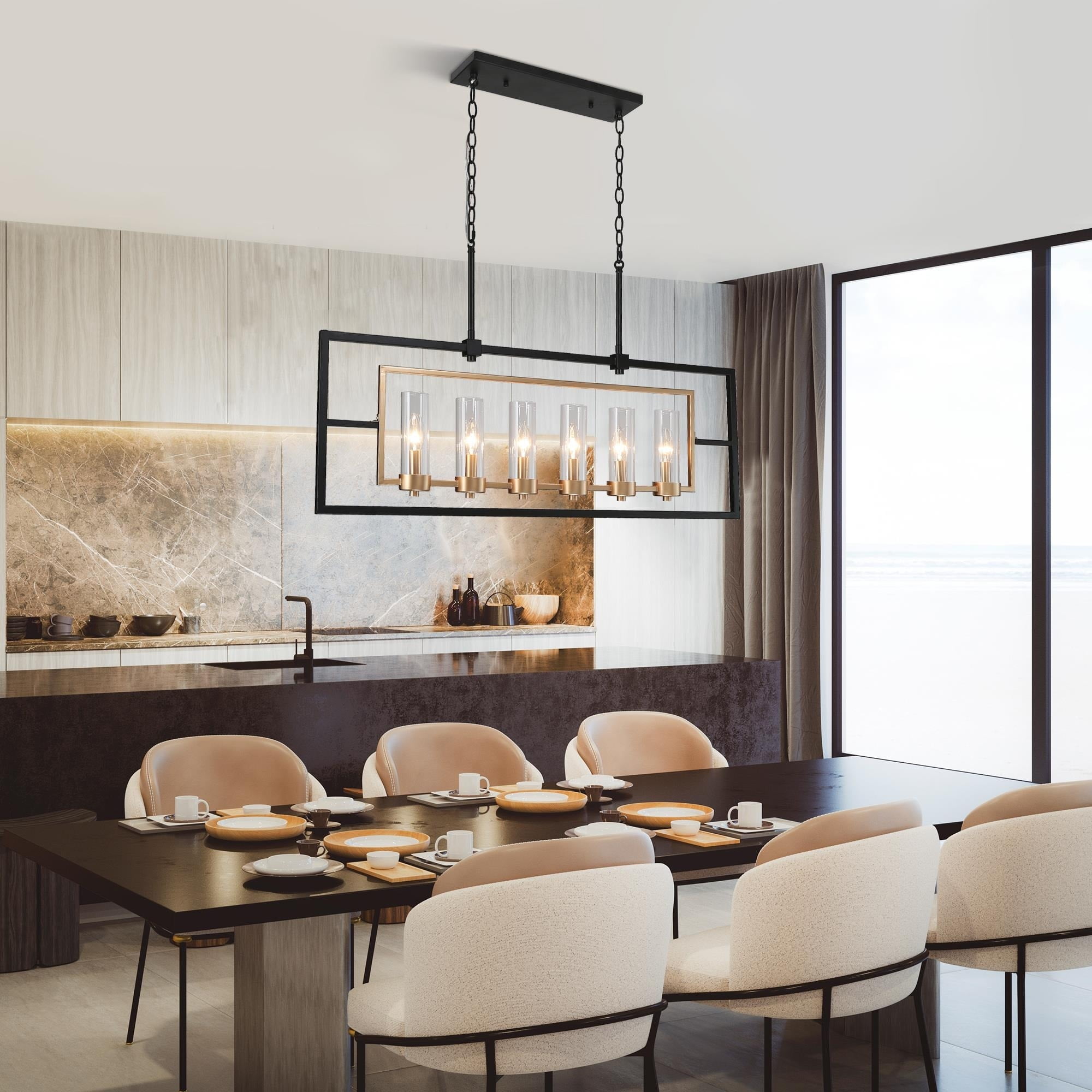 LaLuz Zeci Modern Transitional Black Gold Linear Chandelier