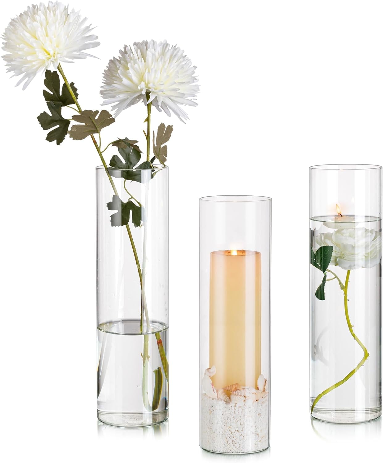 LaMaz Glass Cylinder Vases Set of 3, 16in Tall Vase for Flowers, Decorative Hurricane Vases for ...