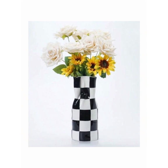 LaMiiii Ceramic Modern Checker Vase For Home Decor Aesthetic Decoration For Livng Room Bedroom Kitchen Minimalism Abstract Flower Vase Boho Chi WabiSabi HandPinched Py