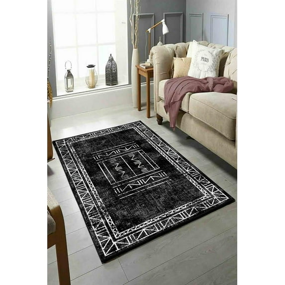 LaModaHome Area Rug Non-Slip - Black Line and curb Soft Machine Washable Bedroom Rugs Indoor Outdoor Bathroom Mat Kids Child Stain Resistant Living Room Kitchen Carpet 5.3 x 7.6 ft