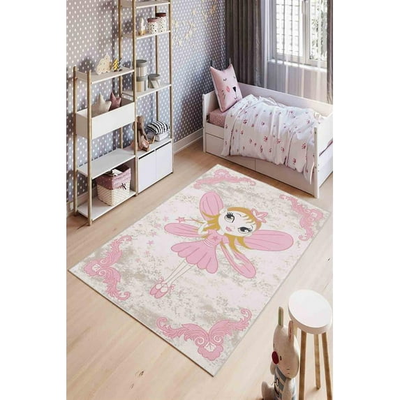 LaModaHome Area Rug Non-Slip - Cream Pink fairy girl Soft Machine Washable Bedroom Rugs Indoor Outdoor Bathroom Mat Kids Child Stain Resistant Living Room Kitchen Carpet 1.3 x 2 ft