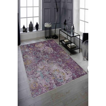 LaModaHome Area Rug Non-Slip - Purple Aged Vintage Soft Machine Washable Bedroom Rugs Indoor Outdoor Bathroom Mat Kids Child Stain Resistant Living Room Kitchen Carpet 1.3 x 2 ft