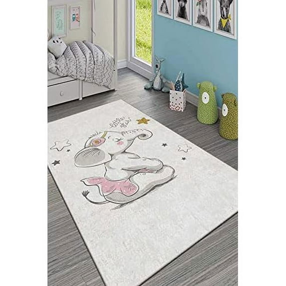 LaModaHome Area Rug Non-Slip - White Elephant Soft Machine Washable Bedroom Rugs Indoor Outdoor Bathroom Mat Kids Child Stain Resistant Living Room Kitchen Carpet 2.7 x 6.6 ft (5A)