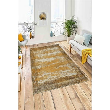 LaModaHome Area Rug Non-Slip - Yellow Vintage Soft Machine Washable Bedroom Rugs Indoor Outdoor Bathroom Mat Kids Child Stain Resistant Living Room Kitchen Carpet 1.3 x 2 ft
