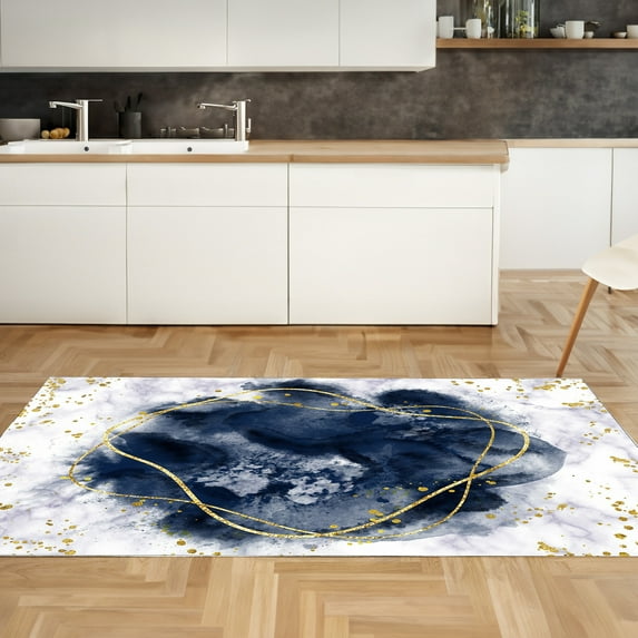 LaModaHome Non-Slip Rug Gold Marble Rug: Navy Blue Design Washable Mat Child Stain Resistant Living Room Kitchen Carpet - Size: 3,3X2,6ft(100X80cm)