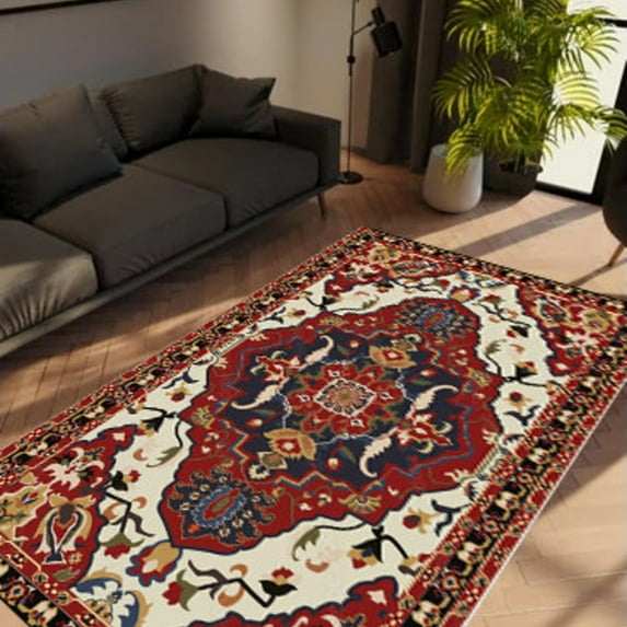 LaModaHome Non-Slip Rug Vintage Style Soft Red Rug Washable Mat Child Stain Resistant Living Room Kitchen Carpet - Size: 4,9X3,3ft(150X100cm)