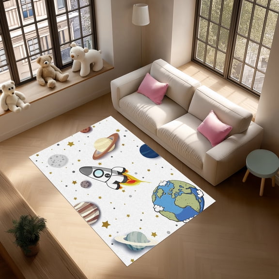 LaModaHome Space Rocket Planets Washable Rug – Non-Slip Backing, Easy To Clean, Perfect For Kids Room (31.5" x 47.2")