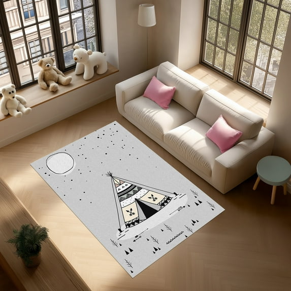LaModaHome Teepee Tribal Rug Washable Rug – Non-Slip Backing, Easy To Clean, Perfect For Kids Room (70.9" x 110.2")