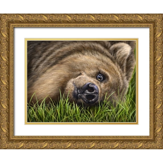 LaMontagne, Patrick 24x19 Gold Ornate Wood Framed with Double Matting Museum Art Print Titled - Grizzly on Grass