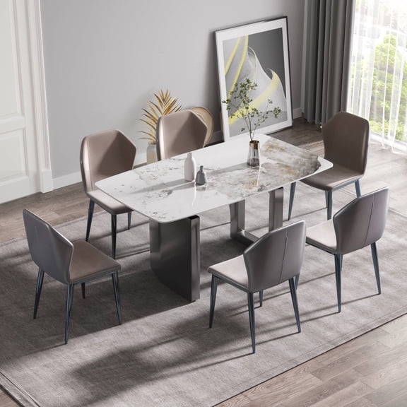 LaMuseCybèle 6 People 63"Artificial Stone Modern Dining Table Pandora White Curved Black Metal Leg