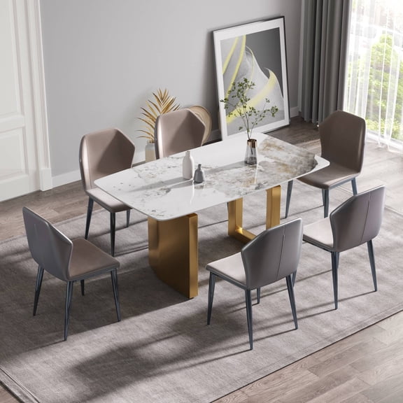 LaMuseCybèle 63"Modern artificial stone pandora white curved black metal leg dining table -6 people