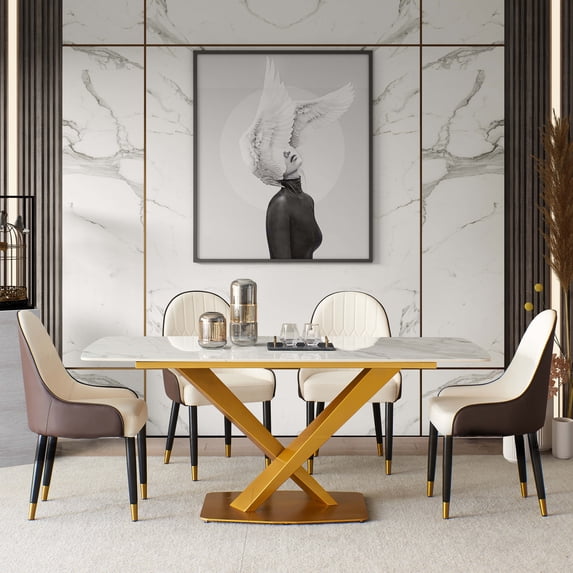 LaMuseCybèle Engineered stone dinning table ,Carrara white color , Modern Dinning table with solid Gold Carbon Stell base 63''