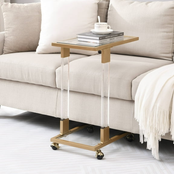LaMuseCyble Gold Side Table, Acrylic Sofa Table, Glass Top C Shape Square Table with Metal Base for Living Room, Bedroom, Balcony Home and Office