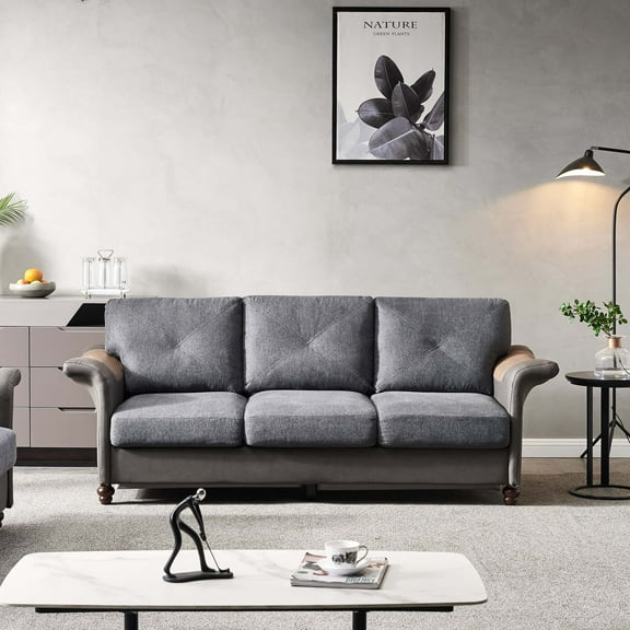 LaMuseCybèle Living Room Furniture Linen Fabric Faux Leather with Wood Leg Sofa (Dark Grey)