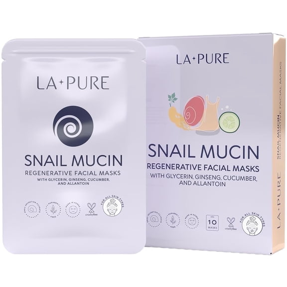 LaPure Korean Face Mask Hydrating and Moisturizing Snail Mucin Sheet Face Masks, 10 Count