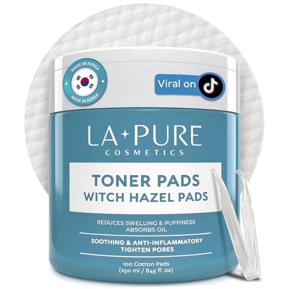 LaPure Korean Toner Exfoliating Pads with Witch Hazel for All Skin Types, 100 Count