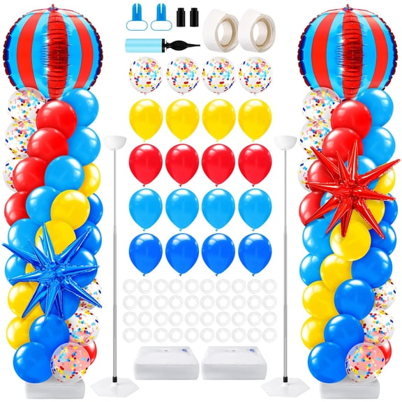 LaRandom 2 Sets Carnival Balloon Column Stand Kit Circus Theme Birthday Party Supplies Including Red Blue Yellow Balloon Garland Arch Kit for Birthday Carnival Theme Decorations Y102