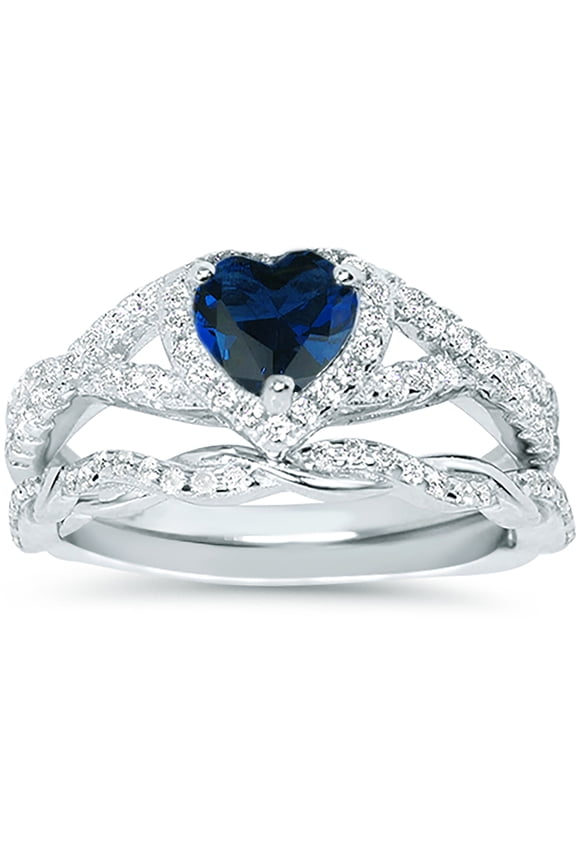 1 Carat Blue Sapphire September Birthstone CZ Wedding Engagement Ring Set 925 Silver Size 6