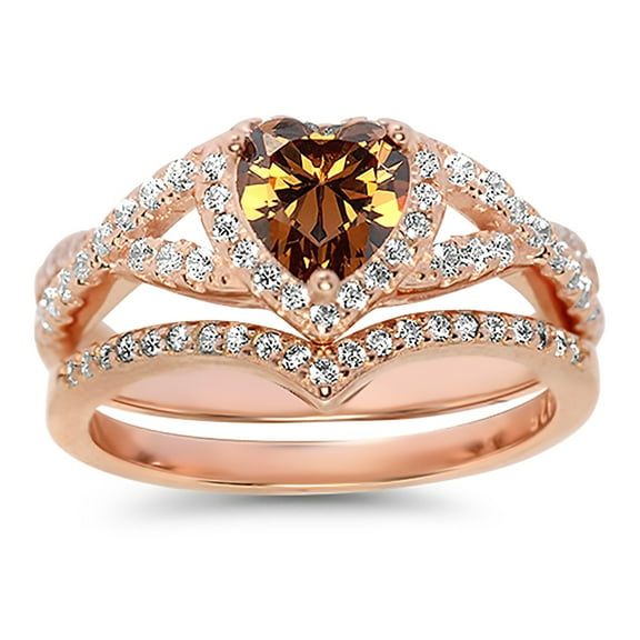LaRaso & Co 1 Carat Chocolate Heart CZ Wedding Ring Set 14K Rose Gold Over Sterling Silver Size 6