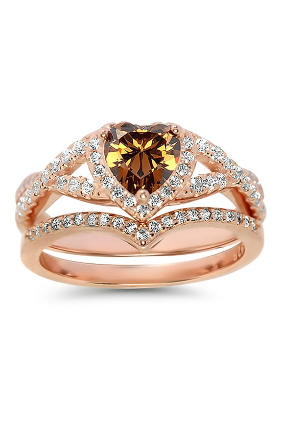 1 Carat Chocolate Heart CZ Wedding Ring Set 14K Rose Gold Over Sterling Silver Size 8