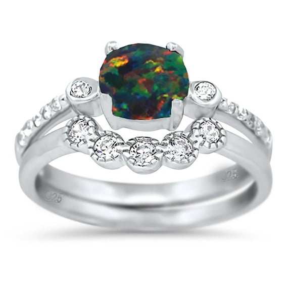 LaRaso & Co 1 Carat Fire Opal Silver Wedding Engagement Ring Set for Women Size 7