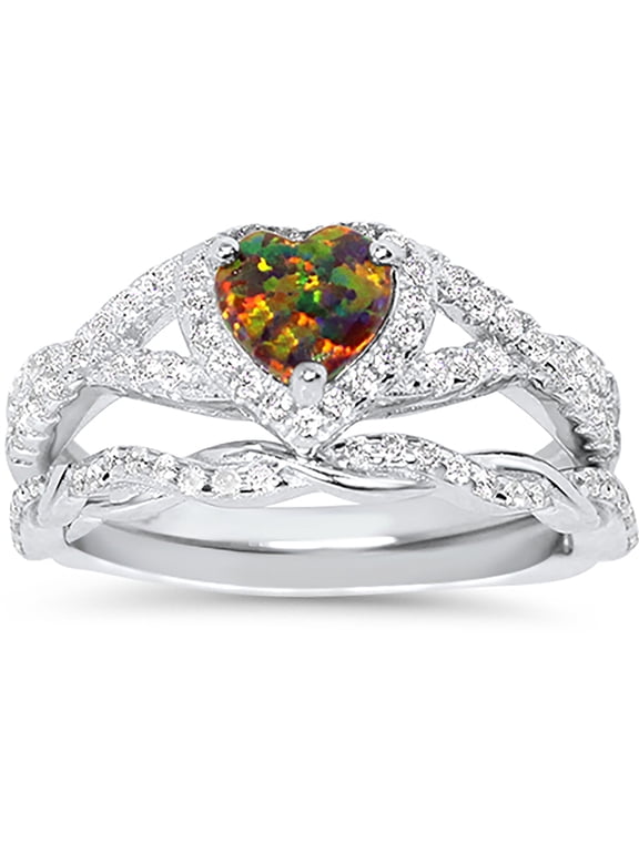 1 Carat Fire Opal Wedding Engagement Ring Set 925 Sterling Silver Size 6