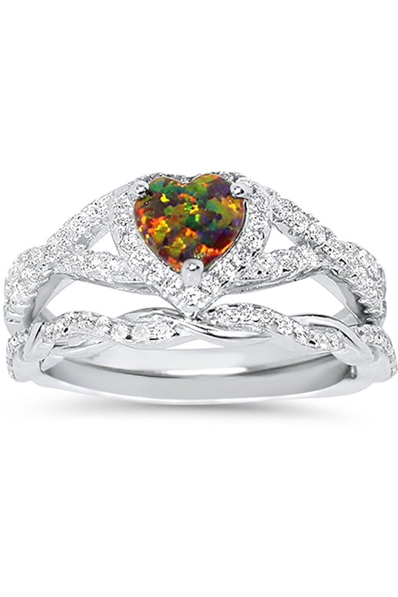 1 Carat Fire Opal Wedding Engagement Ring Set 925 Sterling Silver Size 8