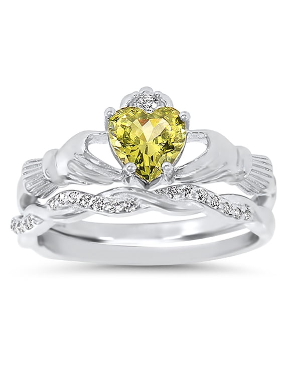 1 Carat Green Peridot CZ Claddagh Celtic Wedding Engagement Ring Set for Women Size 5